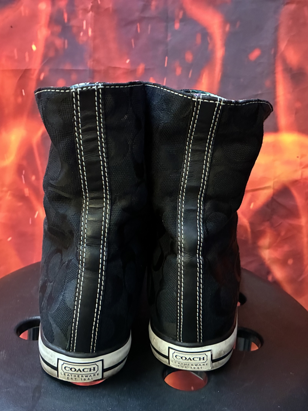 Coach Black Canvas High-Top Sneakers with White Stitching